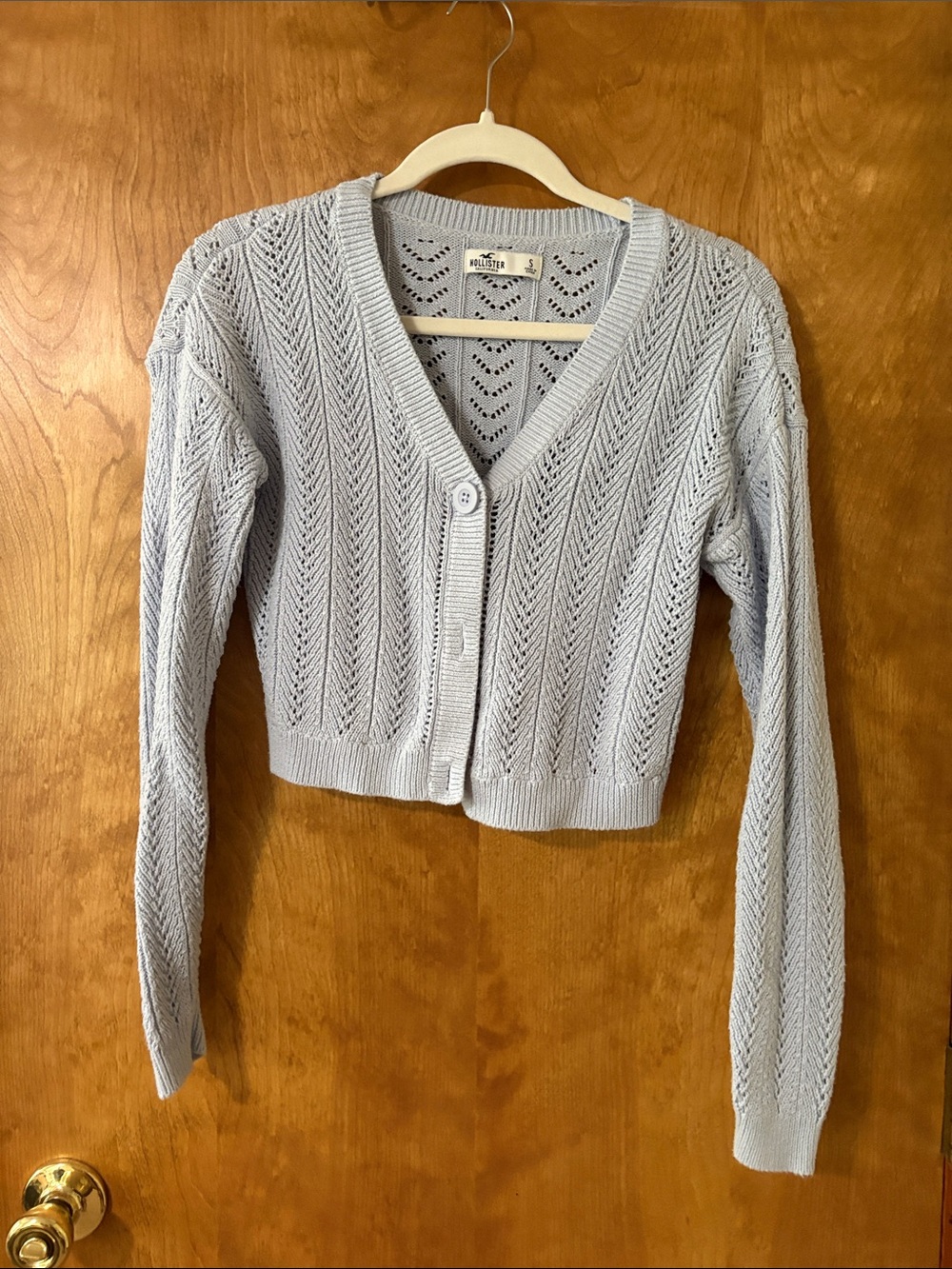 Hollister Pale Blue Cropped Open-Knit V-Neck Cardigan - Picture 1 of 2